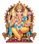 Ganesha PNG image sitting on a singhasan, holding a laddu in one hand.