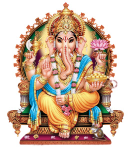 Ganesha PNG image sitting on a singhasan, holding a laddu in one hand.
