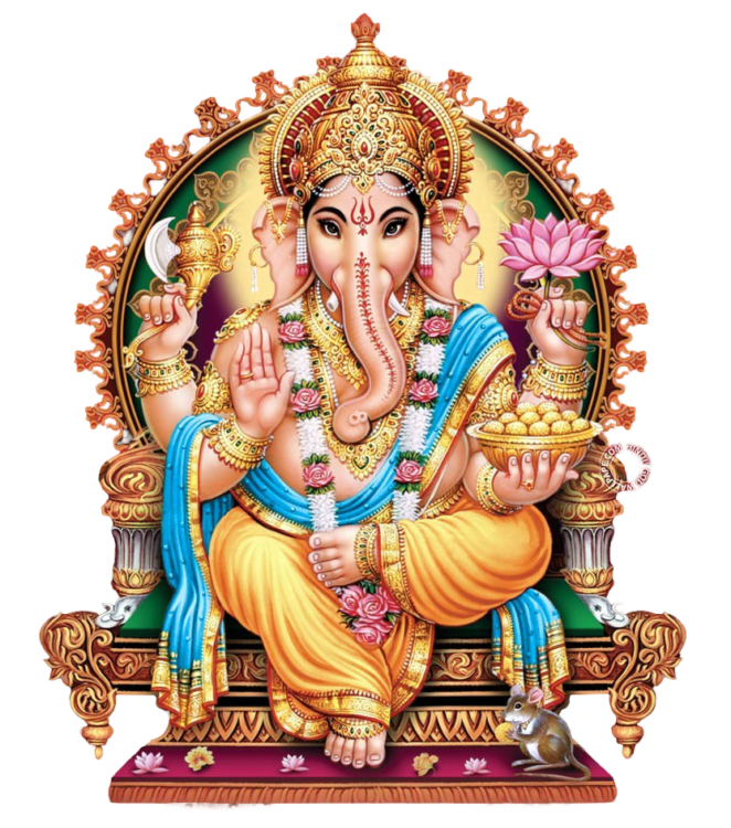 Ganesha PNG image sitting on a singhasan, holding a laddu in one hand.