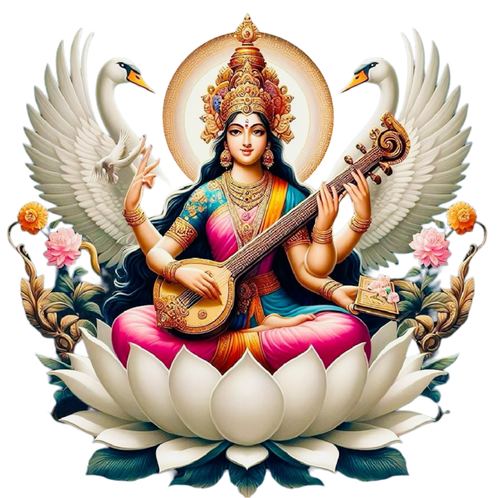 maa saraswati png holding veena in hand and sitting on white lotus flower image