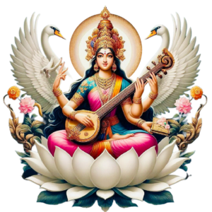 maa saraswati png holding veena in hand and sitting on white lotus flower image
