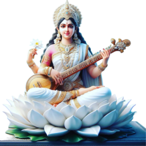 the lord goddess maa saraswati png holding veena in hand and sitting on white lotus flower