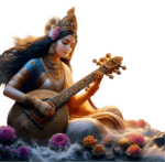 beautiful maa saraswati png sitting on brunch of flowers and holding veena in hand