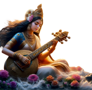 beautiful maa saraswati png sitting on brunch of flowers and holding veena in hand