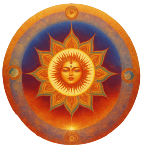 circle image of surya god pang with face in center of image