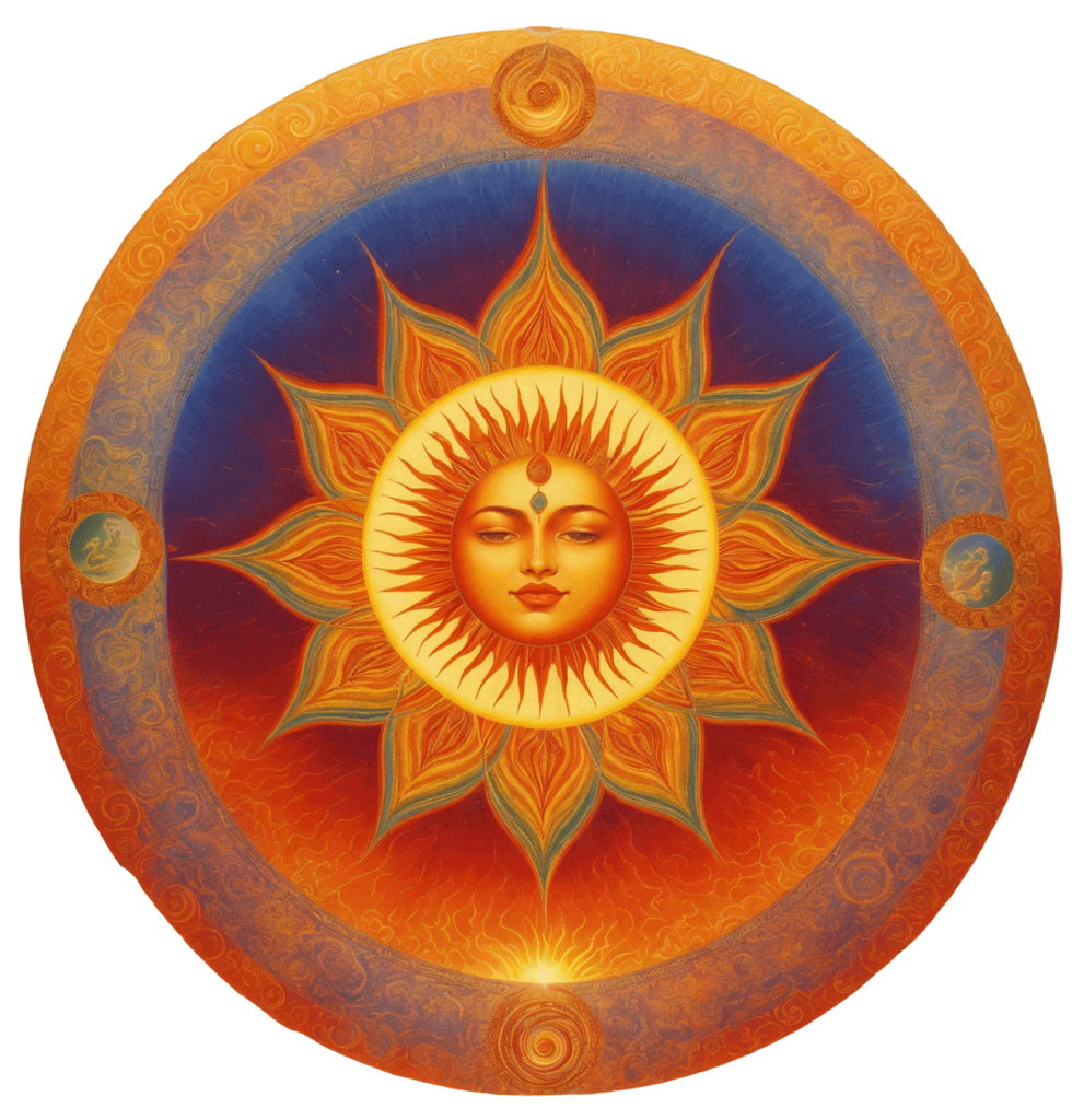 circle image of surya god pang with face in center of image