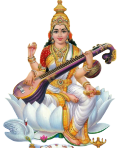 tradictional image of maa saraswati png sitting on lotus flower and holding veena in hand