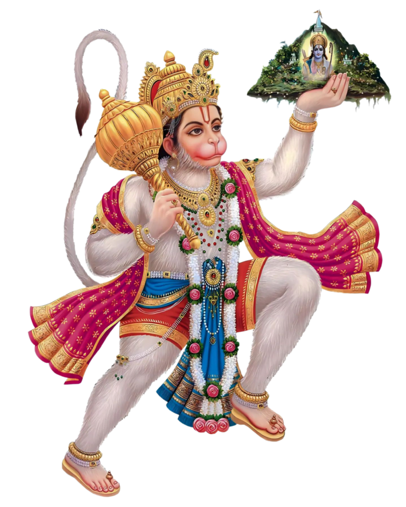 hanuman png holding parwat (mountain) in one hand and flying in air