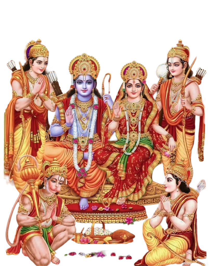 "Sita Ram PNG sitting on Singhasan, both God Ram and Sita also present, Hanuman Ji doing pray to Siyaram Ji.